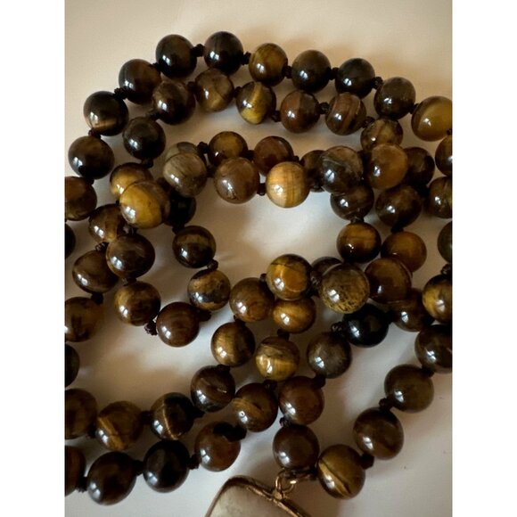 Vintage Fossil Coral Tiger Eye Necklace Beads Pendant 10k Agatized Stone - Picture 2 of 7